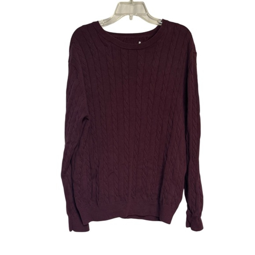 Mens Cable Knit Crewneck Sweater‎ Long Sleeve Burgundy Pullover Top L